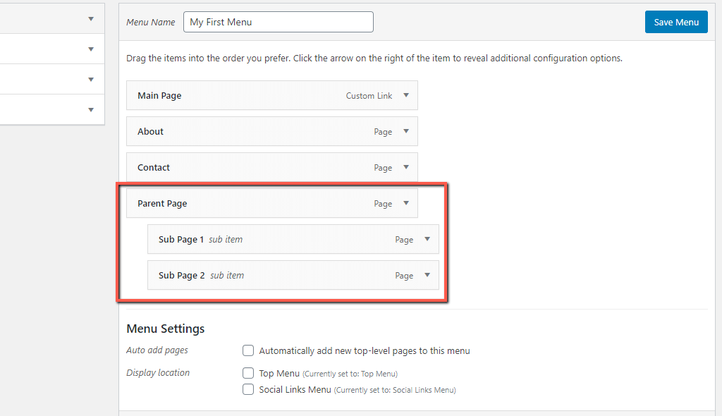 WordPress Dropdown Menu Item