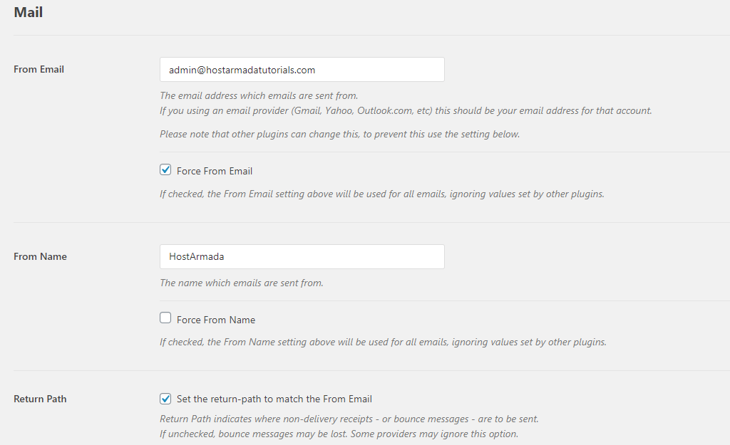 WordPress From Email and From Name settings