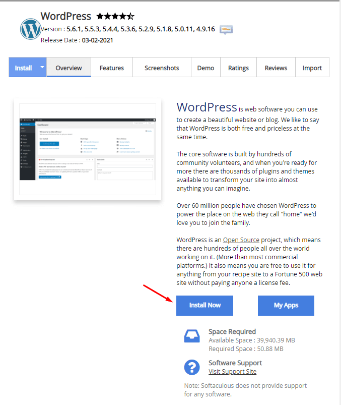 wordpress installation via softaculous