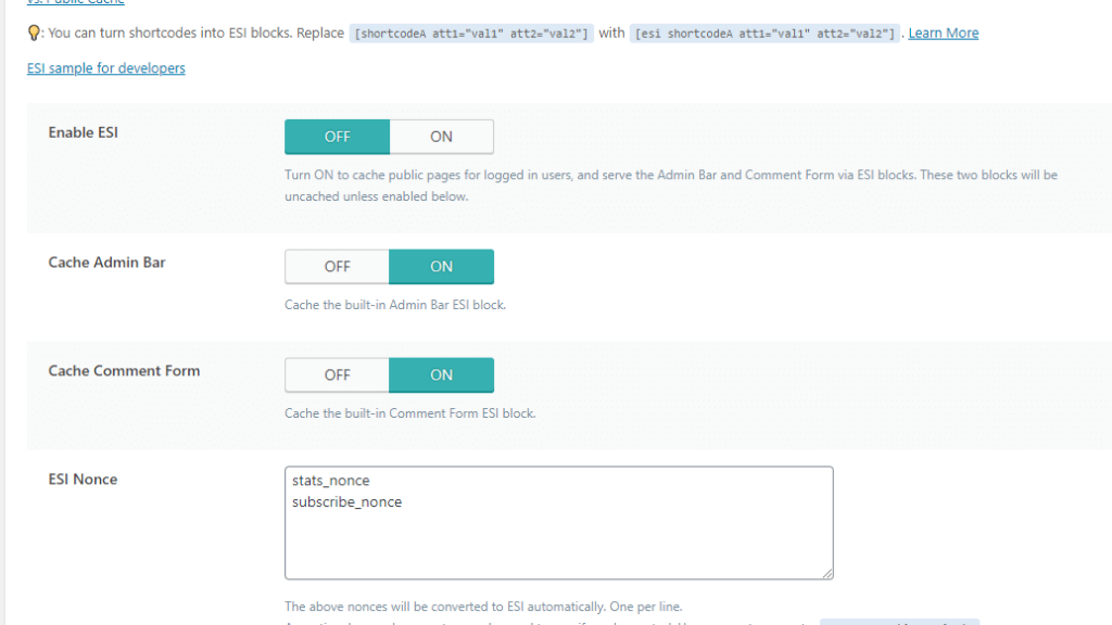 WordPress LiteSpeed Cache ESI Settings