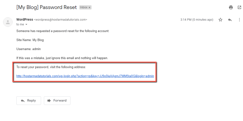 WordPress Password Reset Link