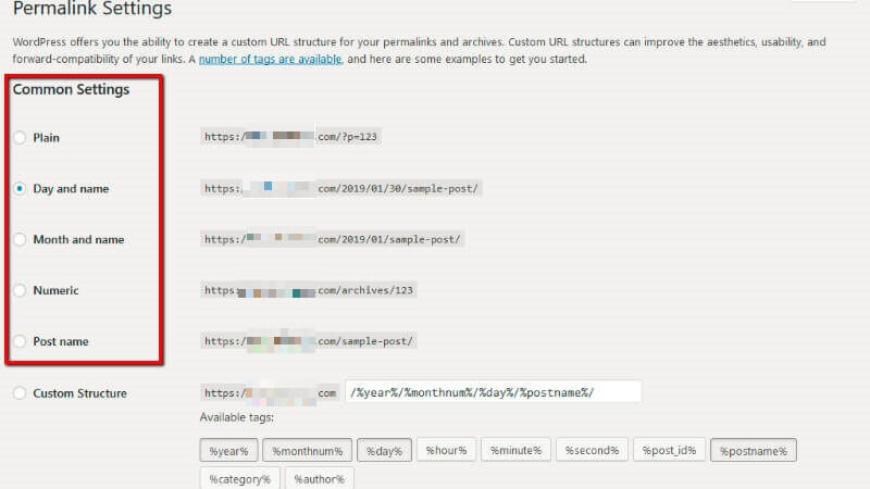 The permalinks settings page