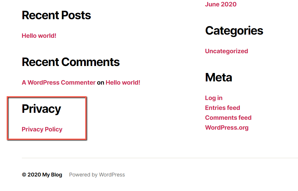 WordPress Privacy Policy in the Footer