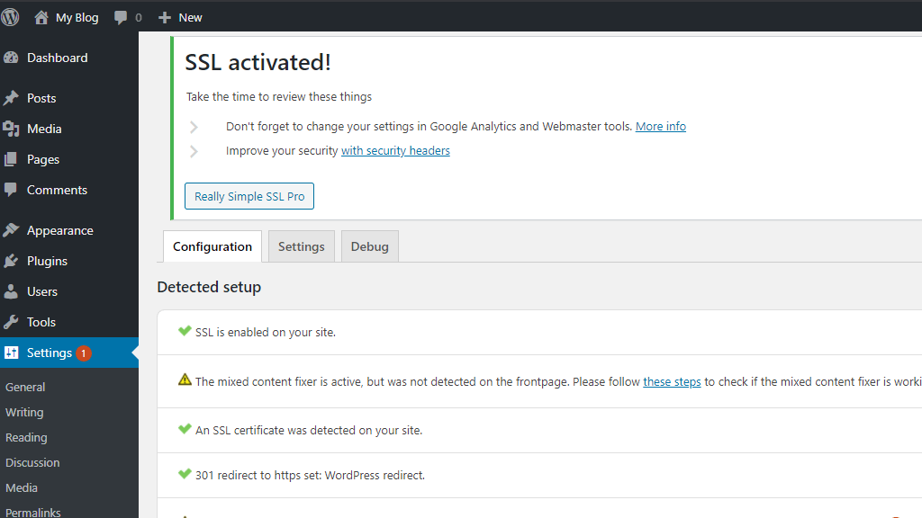 WordPress SSL Activated via Really Simple SSL plugin